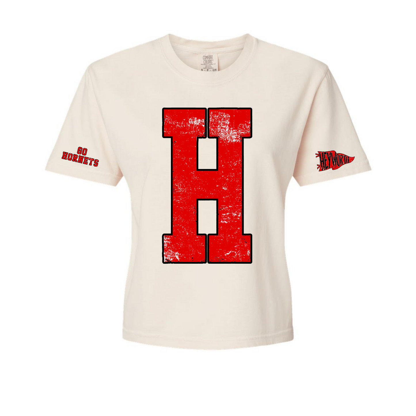 ***PRE-ORDER***Heyworth Hornets Big H Ivory Comfort Colors Boxy Crop T-Shirt