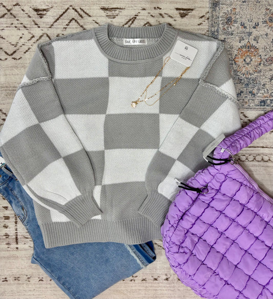 Gray and White Checkered Sweater