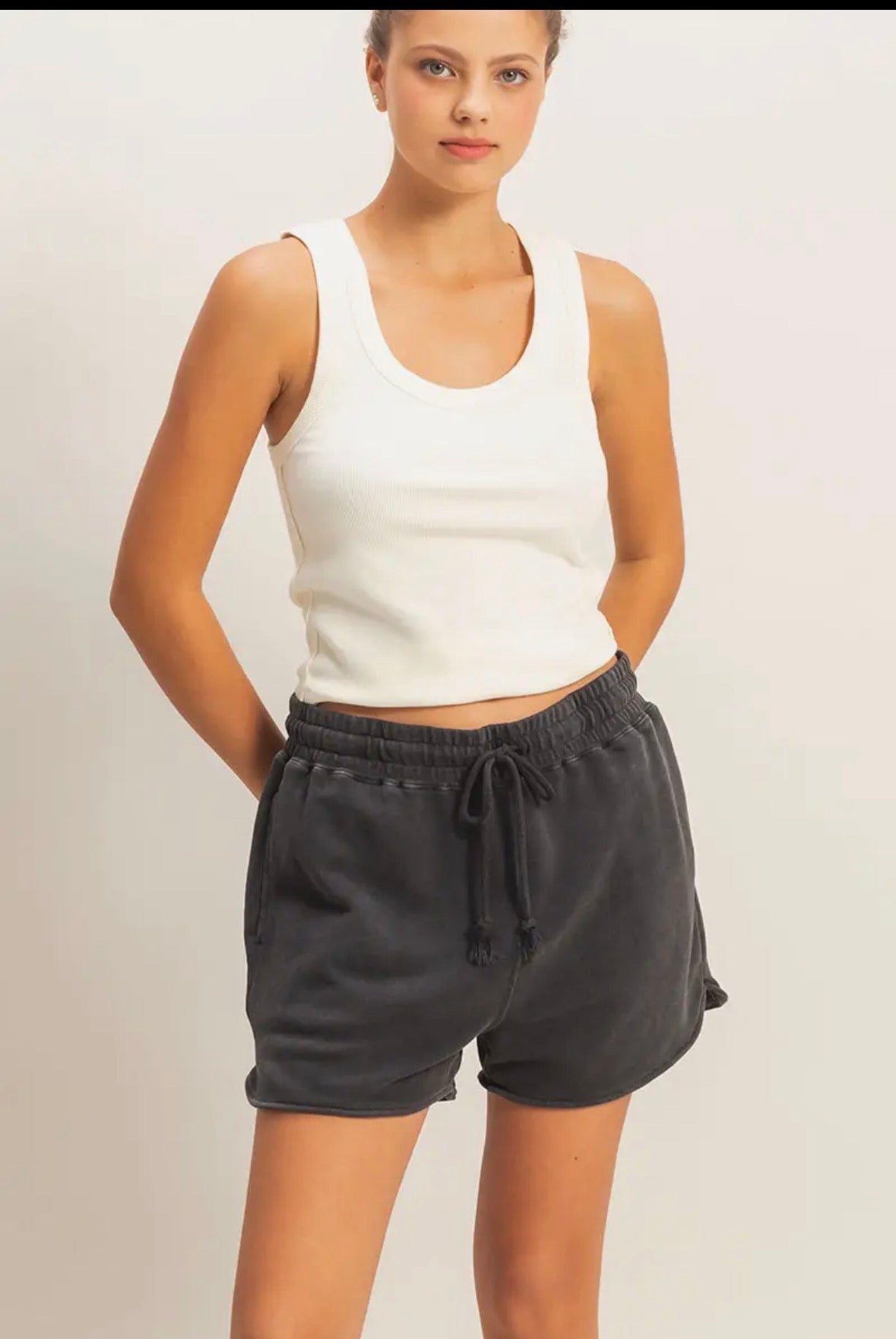 Black Acid Washed Elastic Waist Shorts