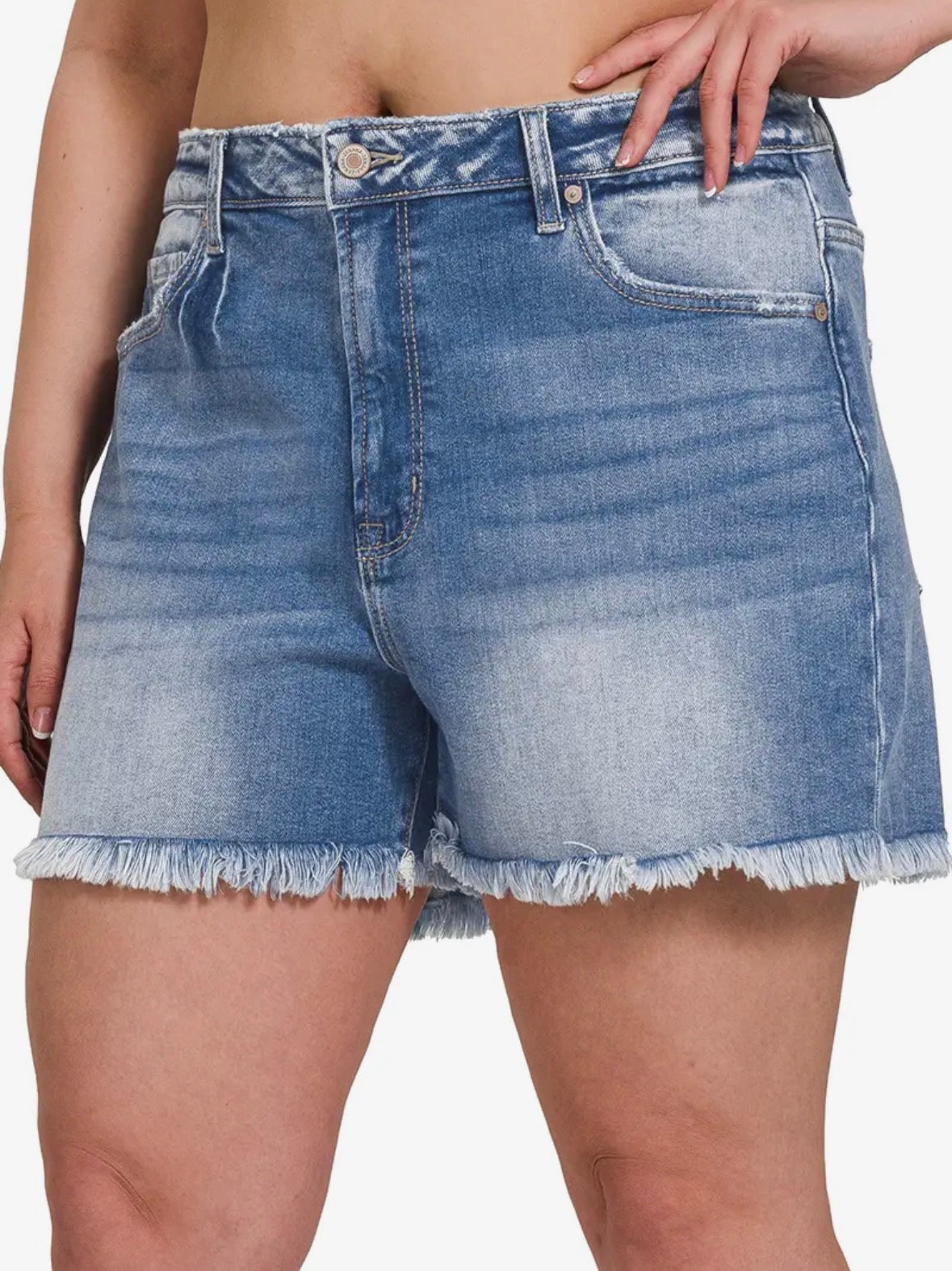 Mid Rise Raw Frayed Hem Denim Shorts