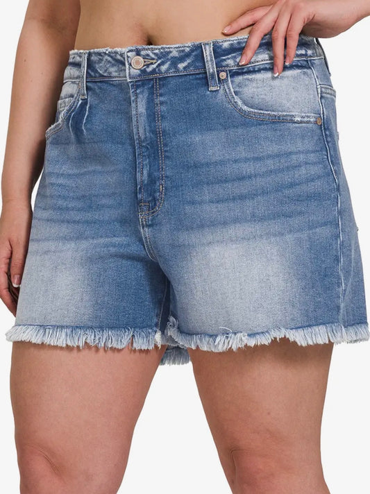 Mid Rise Raw Frayed Hem Denim Shorts